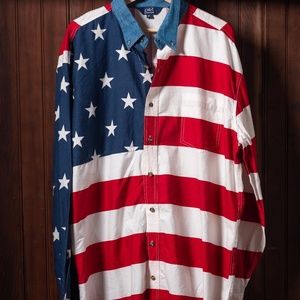 Roper American Flag Button Down Shirt With Denim Collar XL